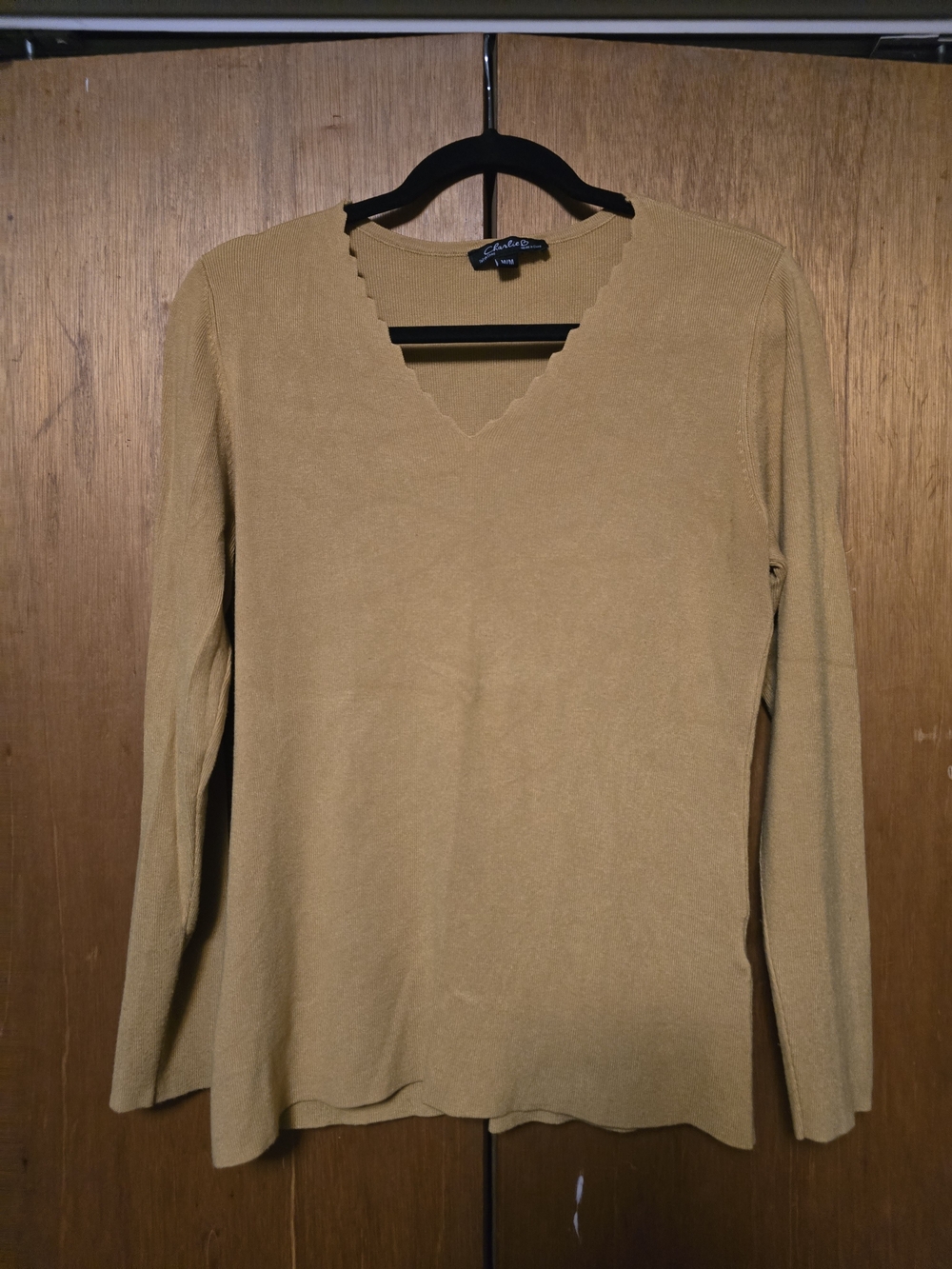 CHARLIE B Scalloped V-Neck Long Sleeve Top — Camel/Tan